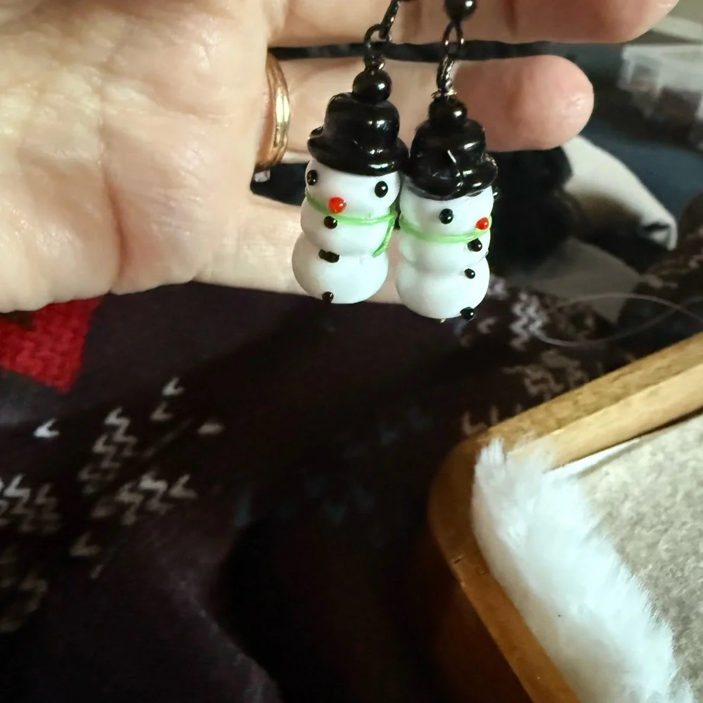 Snowman Earrings with Black Hat and Green Scarf Glass Lampwork Bead Nickel Free